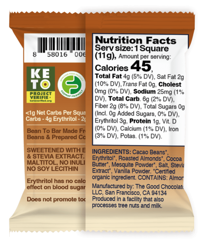 Back of The Good Chocolate Salted Almonds Chocolate Square 0.4 oz