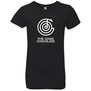 Black t-shirt with The Good Chocolate logo in white for Girls