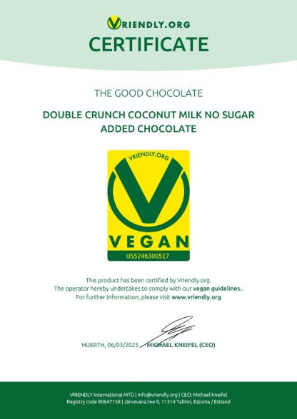 Vriendly Certificate for Double Crunch Coconut Milk Chocolate Bar