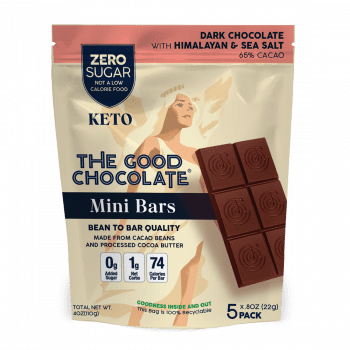 Front packet of The Good Chocolate's Himalayan + Sea Salt Chocolate Mini Bar 5 Pack