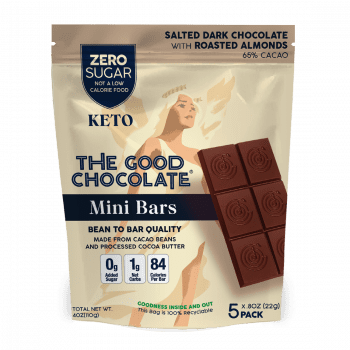 Front packet of The Good Chocolate's Salted Almonds Chocolate Mini Bar 5 Pack