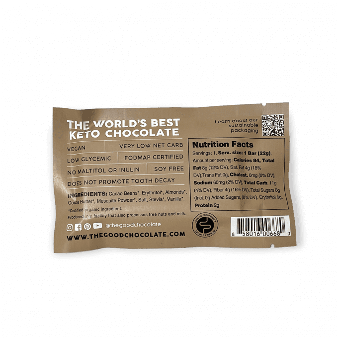 Back pack of The Good Chocolate's Salted Almonds Chocolate Mini Bar