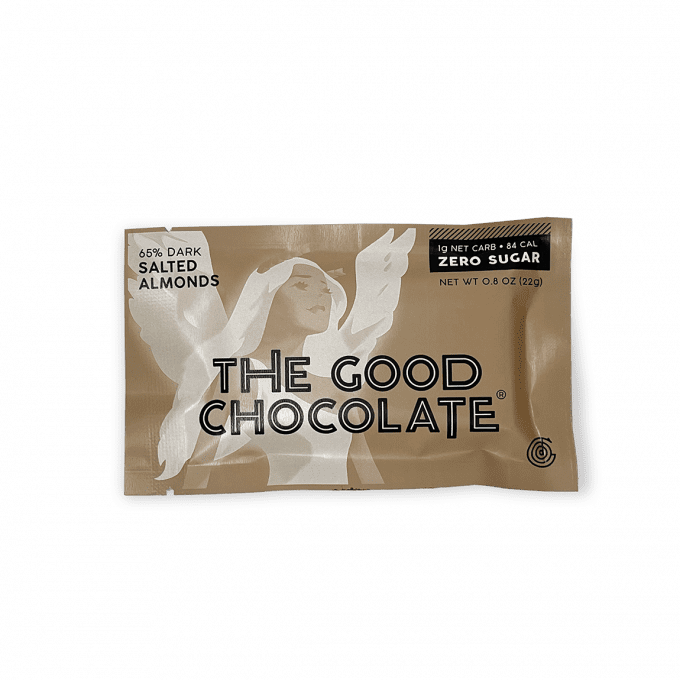 Front pack of The Good Chocolate's Salted Almonds Chocolate Mini Bar