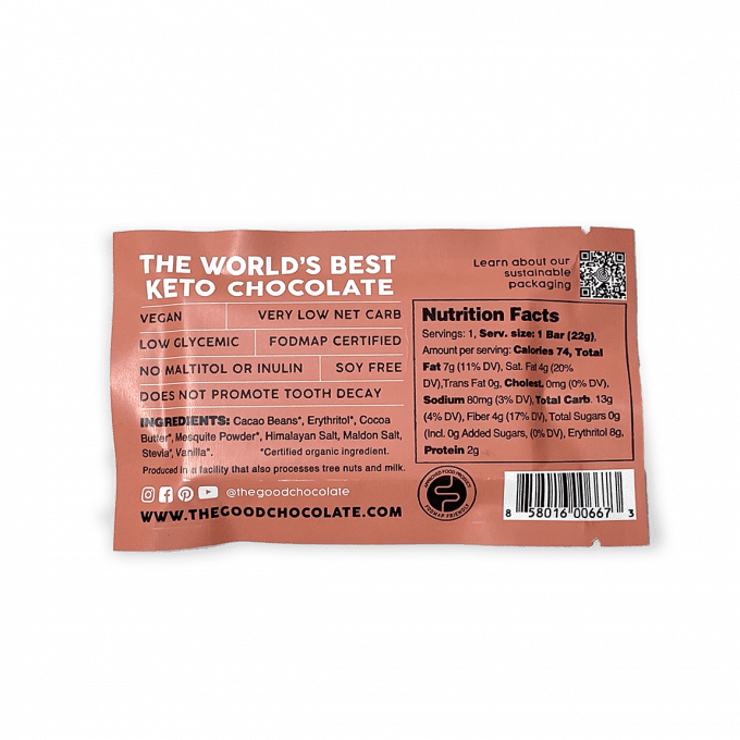 Back pack of The Good Chocolate's Himalayan + Sea Salt Chocolate Mini Bar