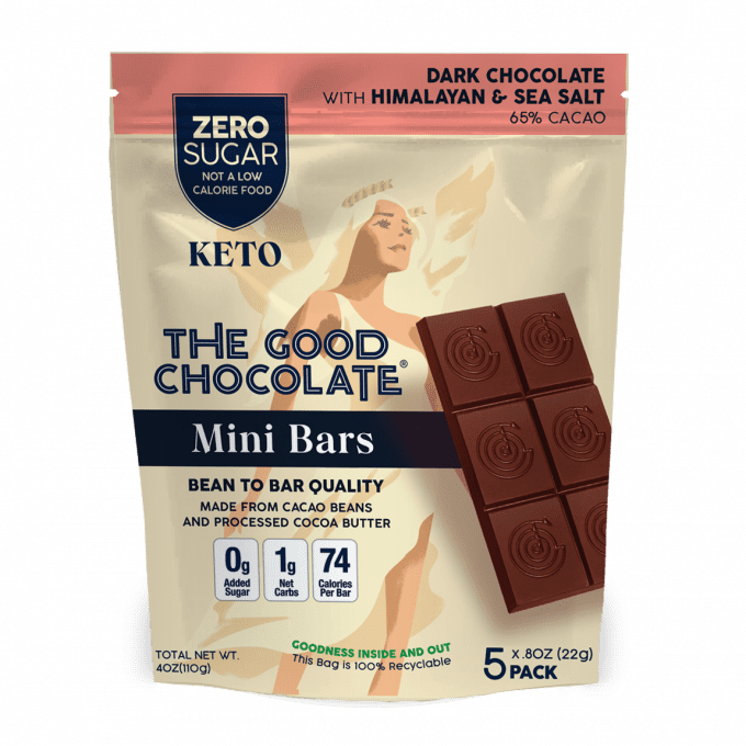 Front packet of The Good Chocolate's Himalayan + Sea Salt Chocolate Mini Bar 5 Pack