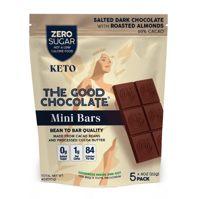 Front packet of The Good Chocolate's Salted Almonds Chocolate Mini Bar 5 Pack
