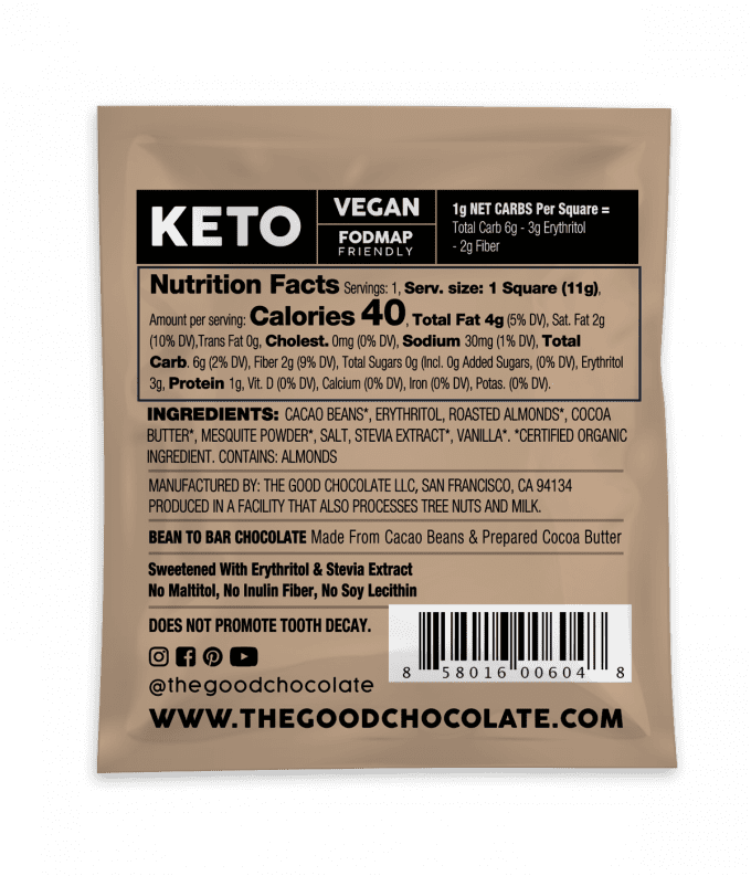Back of The Good Chocolate Salted Dark Chocolate with Roasted Almonds