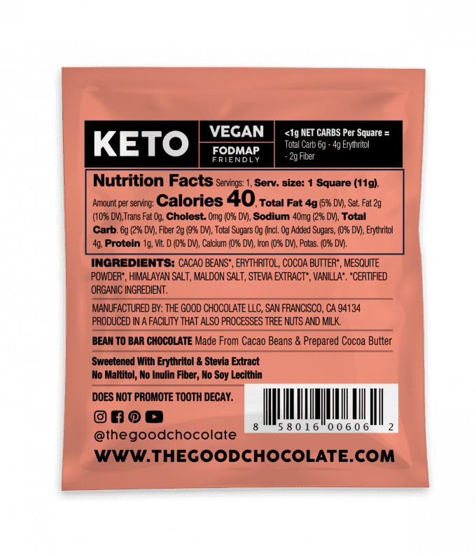 Back of The Good Chocolate's Dark Chocolate with Himalayan & Sea Salt, showing nutritional facts, ingredients, and dietary information.