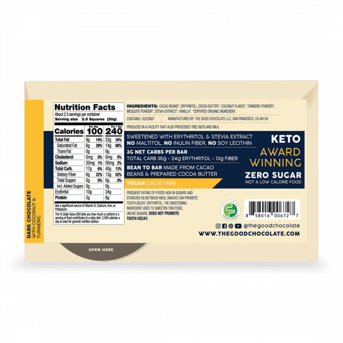 Dark Chocolate with Coconut Turmeric Vegan Bar