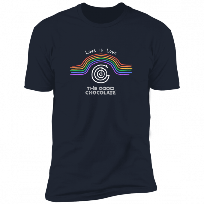 Midnight Navy t-shirt with rainbow stripes, 'Love is Love' text, and 'The Good Chocolate' logo in white
