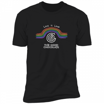 Black t-shirt with rainbow stripes, 'Love is Love' text, and 'The Good Chocolate' logo in white