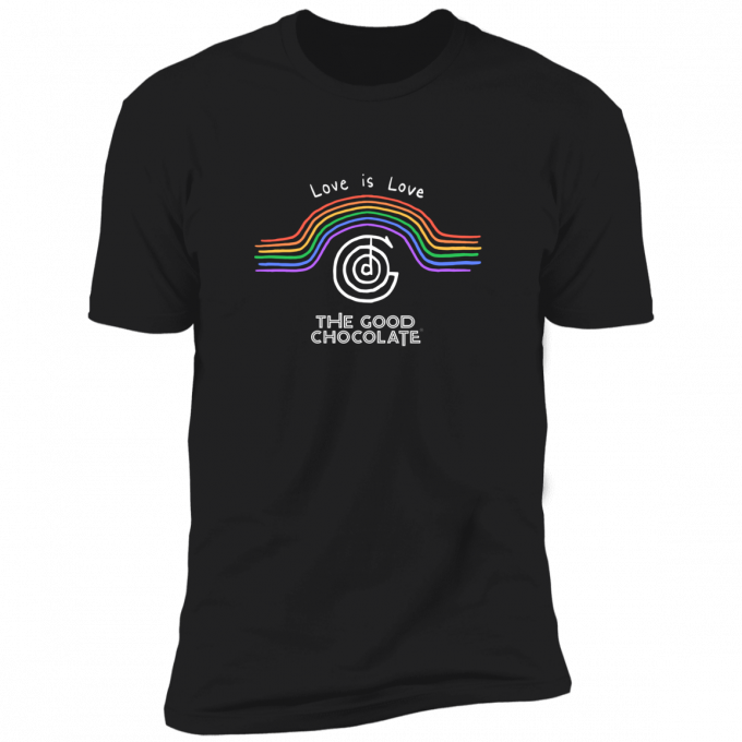 Black t-shirt with rainbow stripes, 'Love is Love' text, and 'The Good Chocolate' logo in white