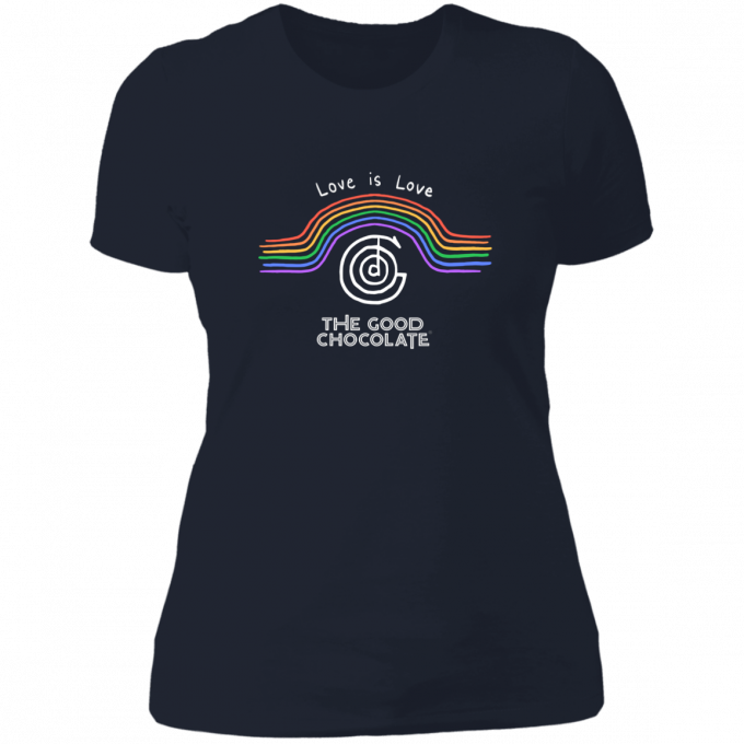 Midnight Navy t-shirt with rainbow stripes Fr Women, 'Love is Love' text, and 'The Good Chocolate' logo in white