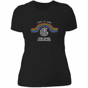 Black t-shirt with rainbow stripes for Women, 'Love is Love' text, and 'The Good Chocolate' logo in white