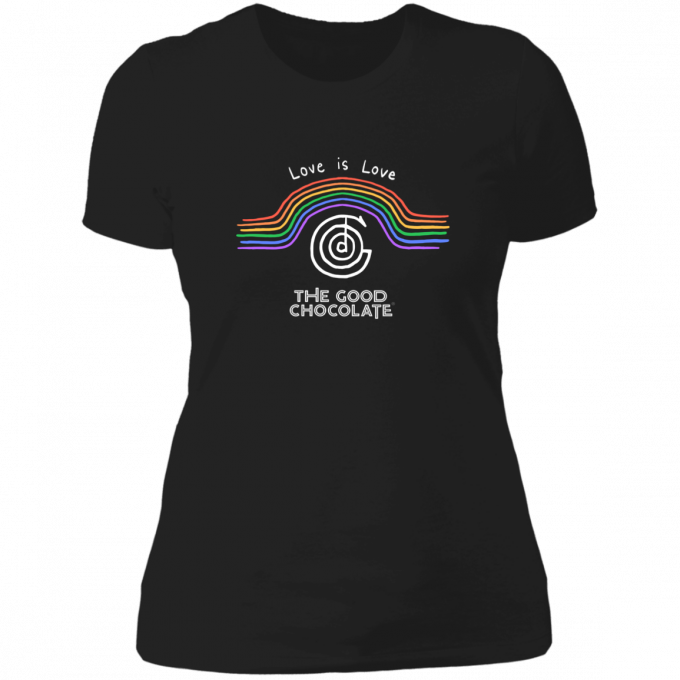 Black t-shirt with rainbow stripes for Women, 'Love is Love' text, and 'The Good Chocolate' logo in white