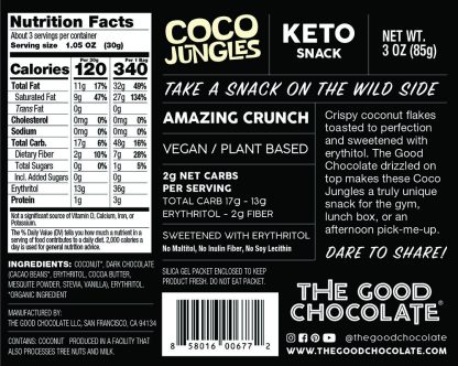 Back of The Good Chocolate's Coco Jungles, Toasted Coconut Chunks