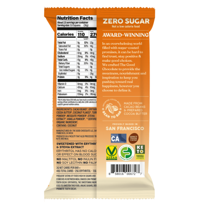 Back of The Good Chocolate's Coconut Turmeric Dark Chocolate Bar 2.5 oz
