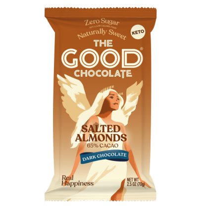 Front of The Good Chocolate's Salted Almonds Dark Chocolate pack