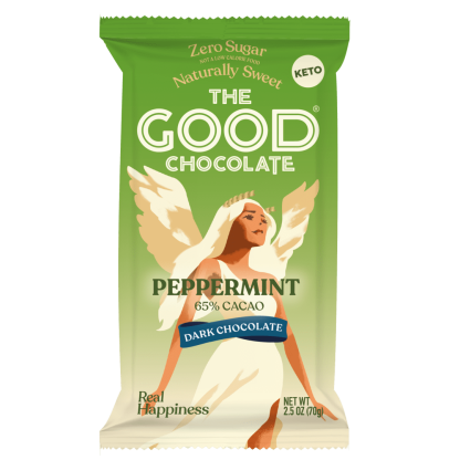 Front pack of The Good chocolate's Peppermint Dark Chocolate
