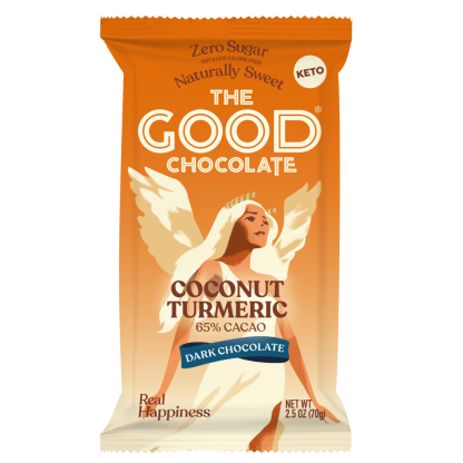 Front of The Good Chocolate's Coconut Turmeric Dark Chocolate Bar 2.5 oz